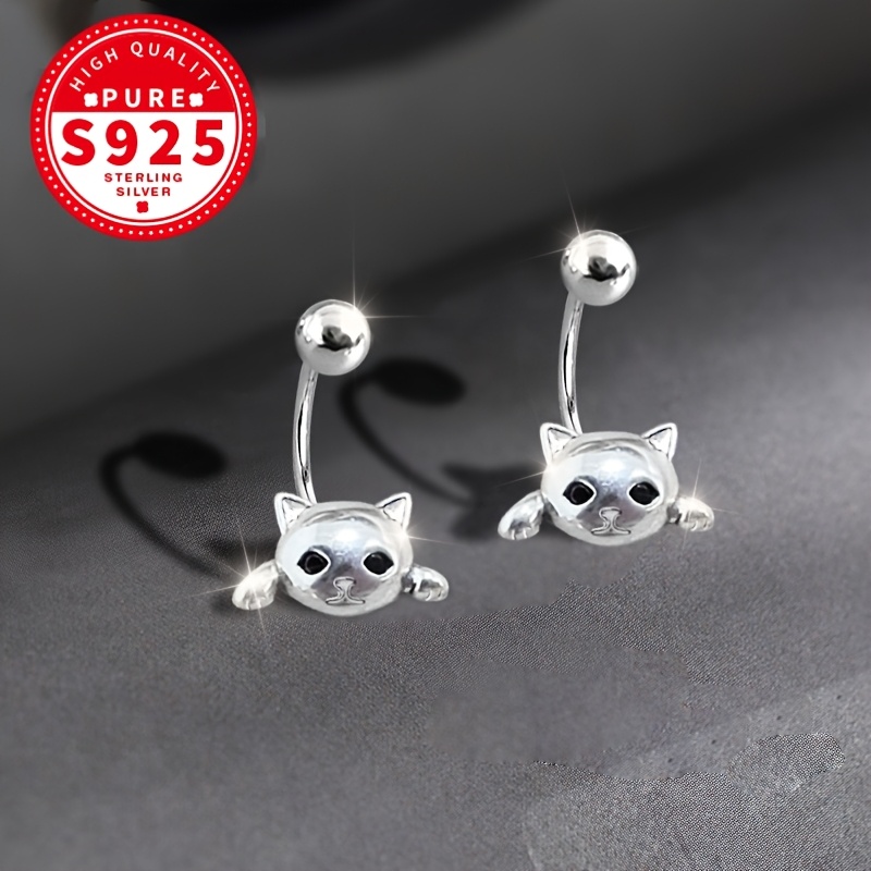 Women's S925 Silver Cat Curved Hook Screw Earrings — Adorable Design